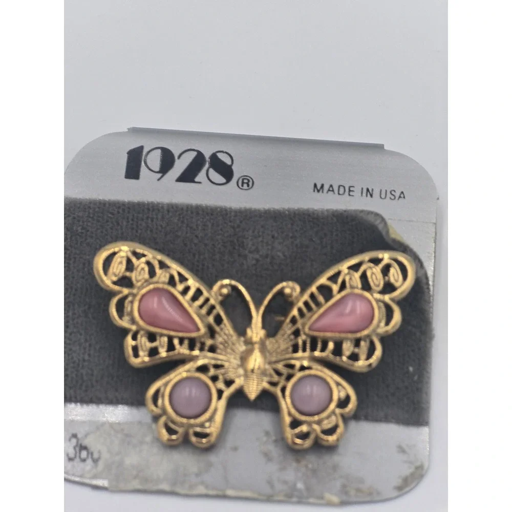Vintage 1928 Gold Tone Pink Cabochon Butterfly Brooch Pin NOS Made in USA
